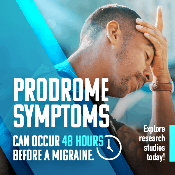 Prodrome symptoms, migraine research, male with head in one hand. 