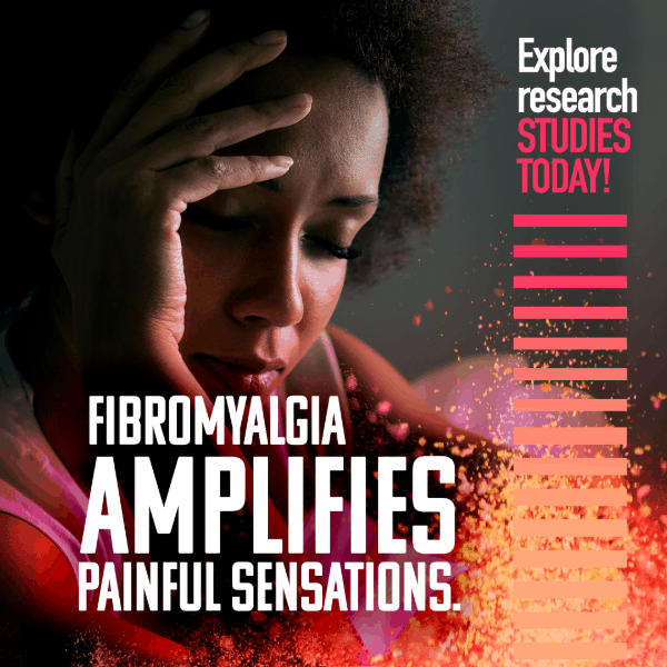 Woman with eyes closed and head in hand, fibromyalgia amplifies painful sensations, explore research studies today