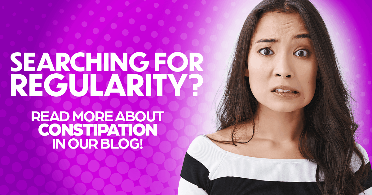 Searching for regularity? Learn more about constipation relief in our blog! Woman with long hair with concern on her face, constipation research