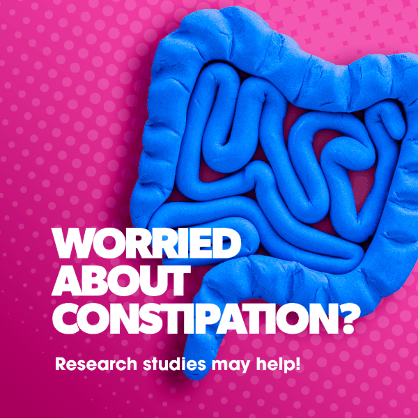 Worried about constipation? Research studies may help! Picture of intestines.