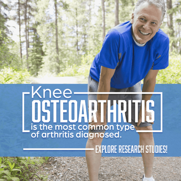 knee osteoarthritis is the most common type of arthritis diagnosed. Older male bending over smiling, hands on knees, OA research
